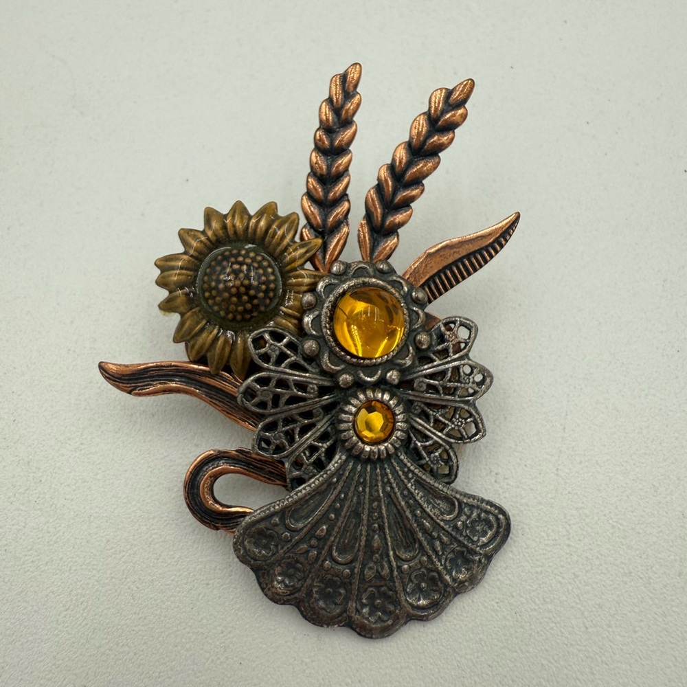 Vintage KC Bronze Copper Pewter  Angel Brooch/Pin W/ Sunflower and Wheat